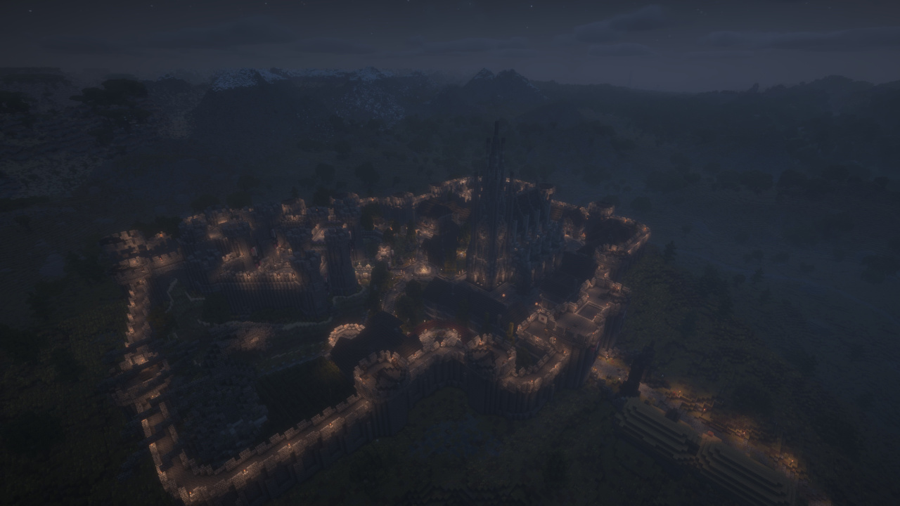 An aerial shot overlooking the city of Kvatch during the night.