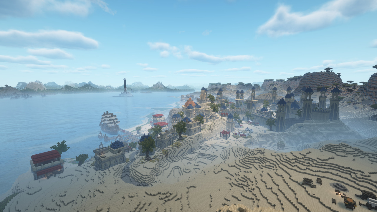 An aerial shot overlooking the city of Sentinel and the Iliac Bay while misty.