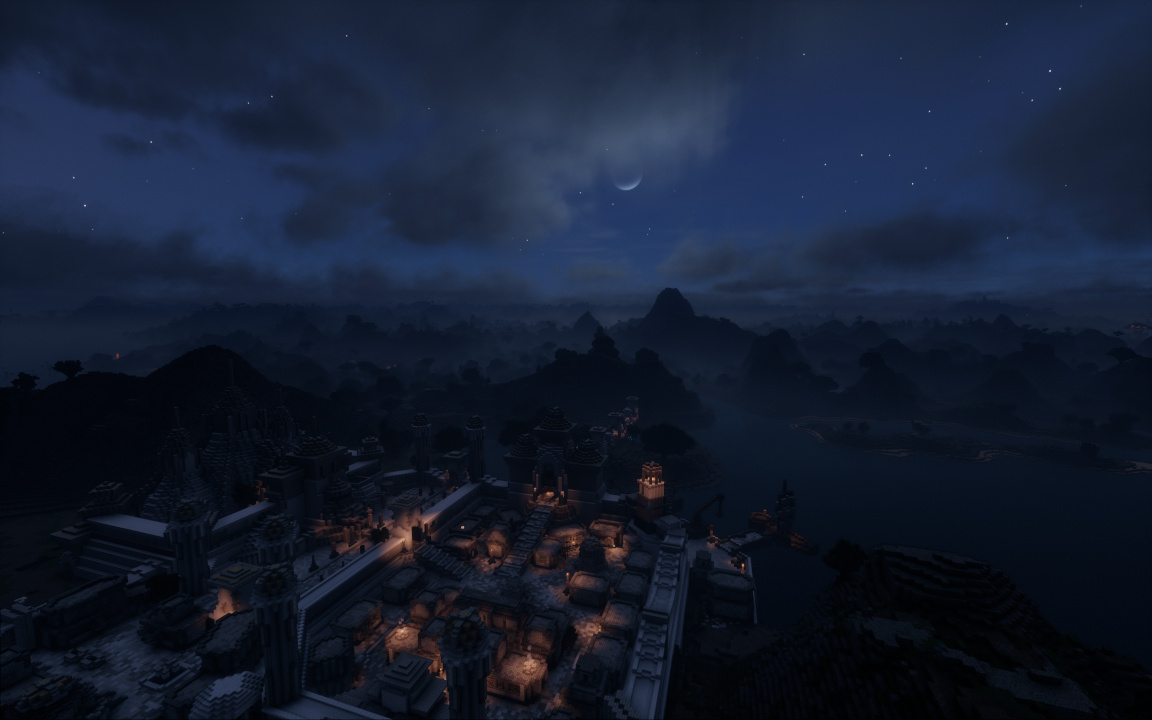 A view of the city of the dead, Necrom, at night.