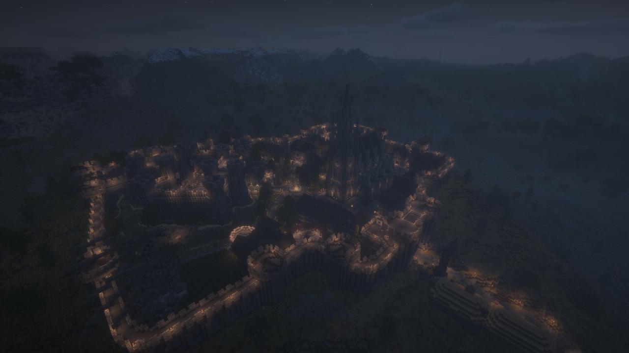 An aerial shot overlooking the city of Kvatch during the night.
