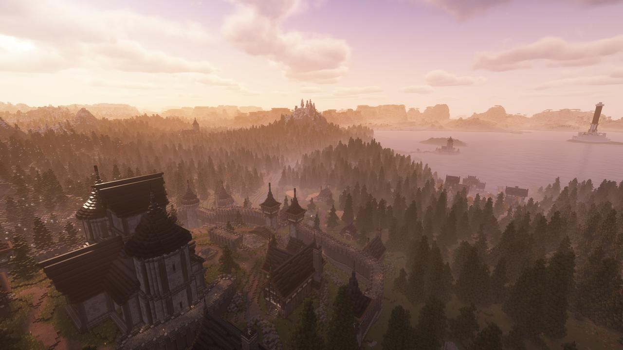An aerial shot overlooking the city of Alcaire and the Stormhaven Region.