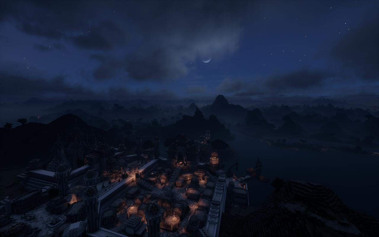 A view of the city of the dead, Necrom, at night.